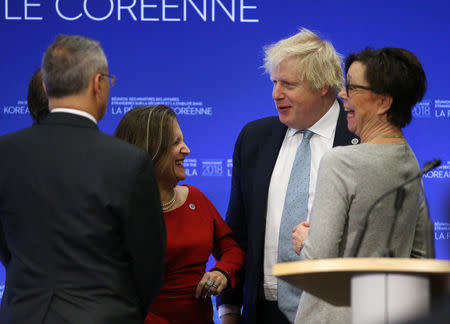 Canada’s Minister of Foreign Affairs Chrystia Freeland talks with Britian's Secretary of State for Foreign Affairs Boris Johnson during the Foreign Ministers’ Meeting on Security and Stability on the Korean Peninsula in Vancouver, British Columbia, Canada January 16, 2018. REUTERS/Ben Nelms