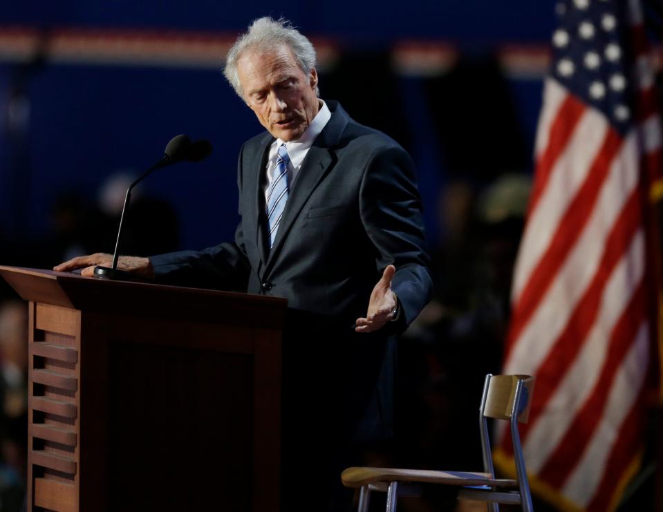 Actor Clint Eastwood speaks to an empty chair while addressing delegates during the Republican National Convention in Tampa, Florida, Aug. 30, 2012.