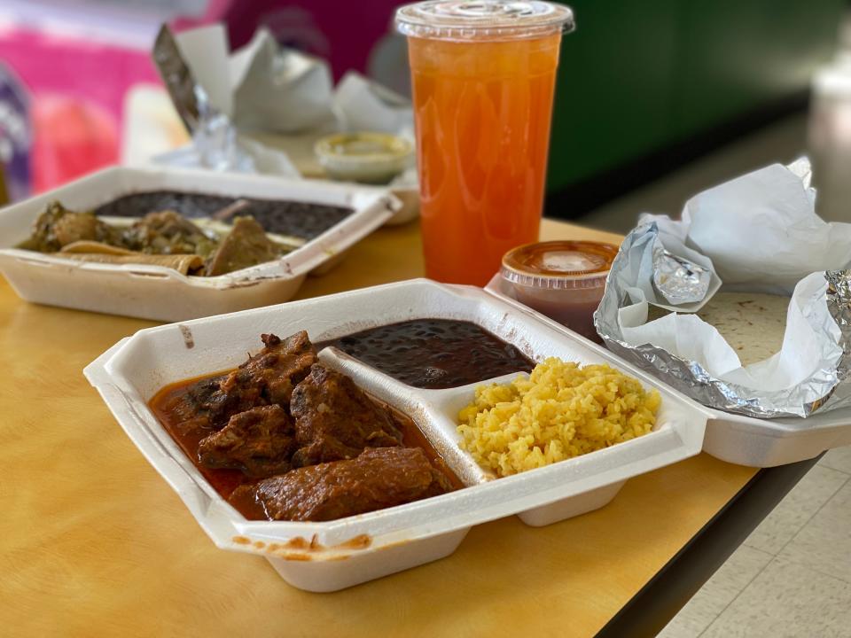 "Costilla en Salsa Roja" at Casa Perez. This spicy Mexican pork rib dish comes with warm tortillas, black beans and rice.