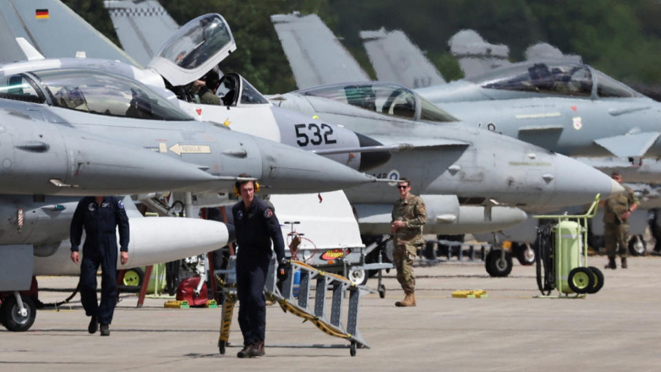 2024年6月6日，在德國萊因-法耳次邦（Rheinland-Pfalz）的美軍拉姆施坦空軍基地（Ramstein Air Base），停放了一些準備參加演習的北約戰機。路透社