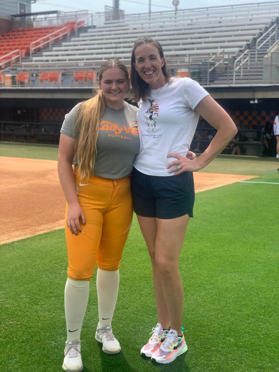 Tennessee pitcher Ashley Rogers (left) poses with UT pitching legend Monica Abbott at Sherri Parker Lee Stadium on Friday, April 21.