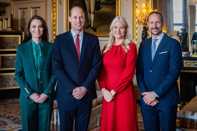 <p>Handout/Kensington Palace via Getty Images</p> Crown Prince Haakon of Norway and Crown Princess Mette-Marit of Norway visit Kate Middleton and Prince William at Windsor Castle on March 2, 2023