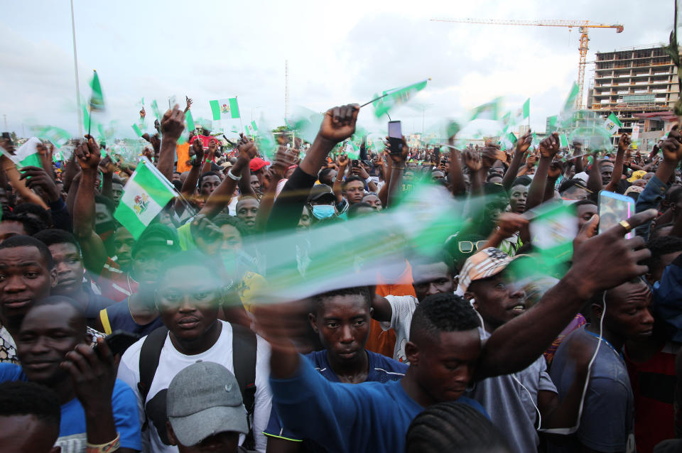 Demonstrators protest against police brutality at the Lekki toll gate on Oct. 20, 2020.<span class="copyright">Adetona Omokanye—Getty Images</span>