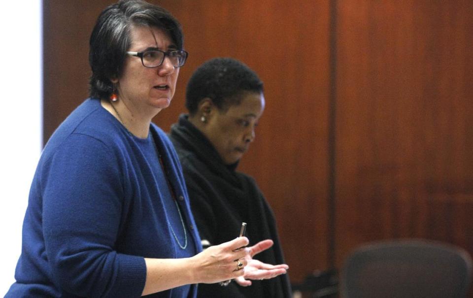 Defense attorney Susan Freedman, left, addresses the court as defendant Haniyyah Barnes, listens, Tuesday, April 29, 2014, in Newark, N.J. The Star-Ledger of Newark reports that Haniyyah Barnes pleaded guilty to breaking into her neighbor's home, grabbing the 2-year-old Shih Tzu and throwing the dog into oncoming traffic in August 2011, where she was struck by a vehicle and killed. Barnes will be sentenced July 14. (AP Photo/The Star-Ledger, Patti Sapone, Pool)