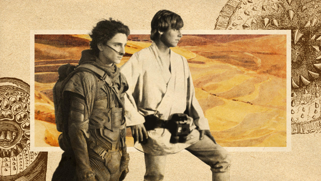  Photo collage of Timothee Chalamet and Mark Hamill in their roles in Dune and Star Wars, respectively. There is a watercolour painting of a desert in the background, and engravings of lamprey mouths. 