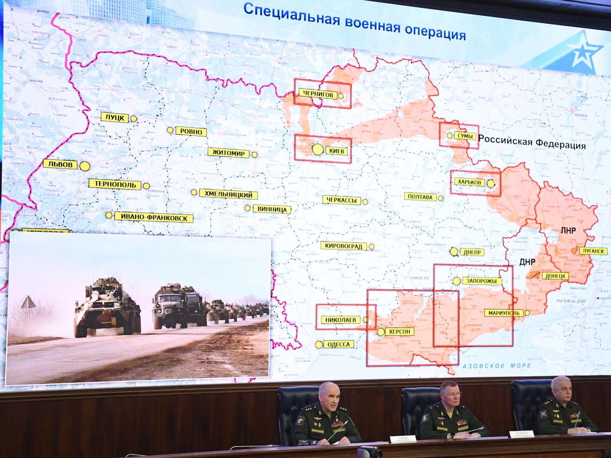 (L-R) Sergei Rudskoi, a senior representative of the General Staff, Defence Ministry spokesman Igor Konashenkov and Mikhail Mizintsev, head of the Russian National Defence Control Centre, hold a briefing on Russian military action in Ukraine, in Moscow on March 25, 2022.