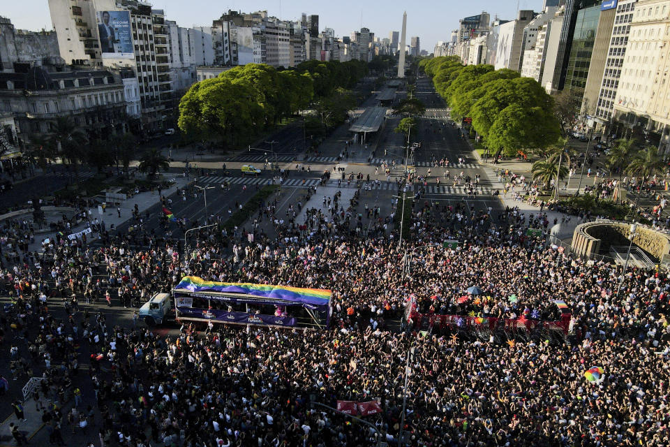 Members of the Latin American Movement of Mothers of LGTB+ Children march in Buenos Aires Argentina, Saturday, Nov. 5, 2022. The organization, which had its first ever conference in Buenos Aires, has representatives in 14 countries. (AP Photo/Natacha Pisarenko)