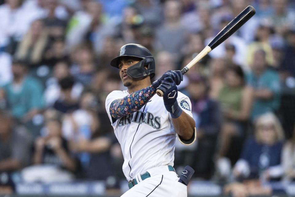 Seattle Mariners' Julio Rodriguez bats against the Chicago White Sox on Sept.  6, 2022, in Seattle.