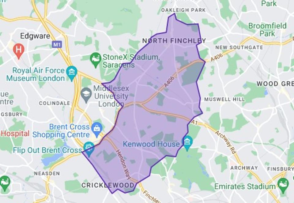 Constituency map of Finchley and Golders Green (Google Maps)