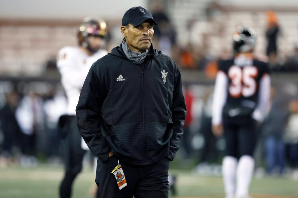 Nov 20, 2021; Corvallis, Oregon, USA; Arizona State Sun Devils head coach Herm Edwards looks on during warm ups before a game against the Oregon State Beavers at Reser Stadium. Mandatory Credit: Soobum Im-USA TODAY Sports