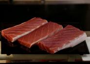 FILE PHOTO: Meat from a 278kg bluefin tuna, priced with a bid over $3 million at Toyosu fish market's first tuna auction of the year, is pictured at Sushi Zanmai restaurant in Tokyo, Japan