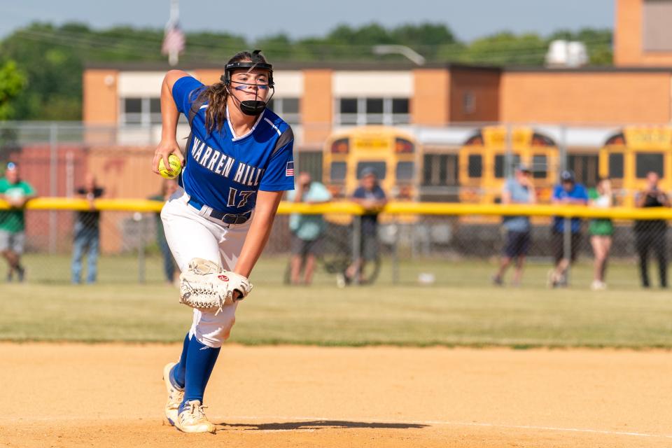 Warren Hills' Laney Adie (17) pitches the ball against South Plainfield on Wednesday, May 31 afternoon at the field at South Plainfield High School in South Plainfield.