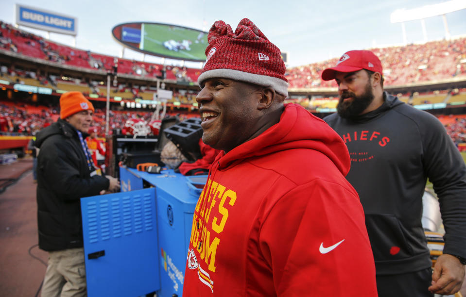 Kansas City Chiefs offensive coordinator Eric Bieniemy smiles as he walks off the field during a win in 2018. Bieniemy was up for several head coaching jobs this offseason. (Getty)