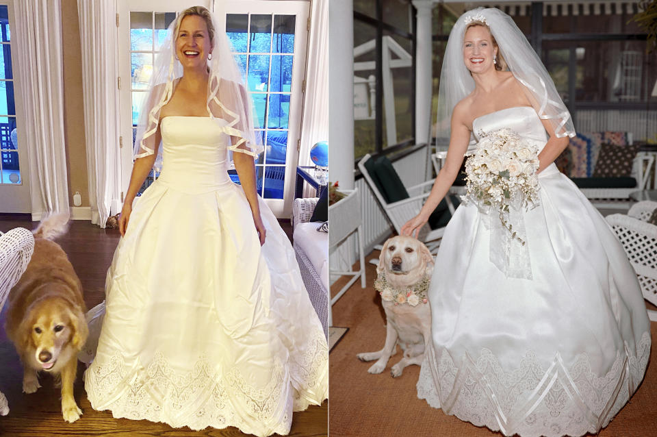 This combination photo shows Elizabeth Cole wearing her wedding gown with her dog Holly at her home in Lake Geneva, Wis., on May 26, 2020, left, and Cole in the same gown with her dog McGee on her wedding day on May 26, 2001. To celebrate her anniversary, Cole surprised her spouse by putting on her wedding gown from 19 years ago, recreated their reception menu and enlisted one of her four kids to DJ their first-dance song. And the priest who married them offered a special blessing on Zoom with friends and family joining in. (Elizabeth Cole, left, and Jessica Tampas Photography via AP)