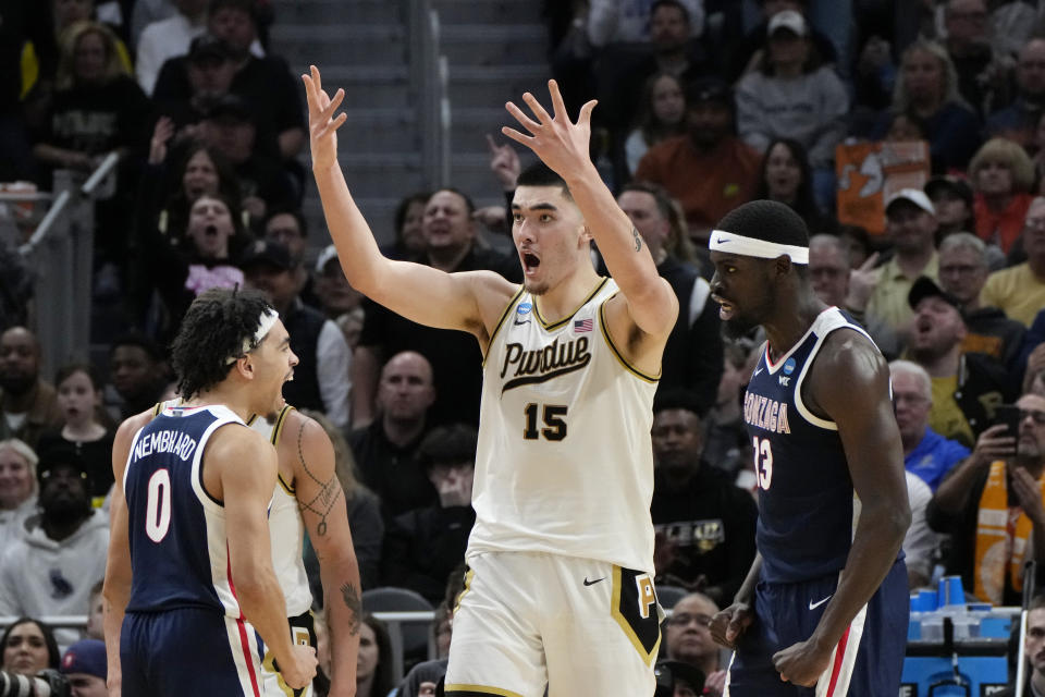 Purdue center Zach Edey (15) reacts after a play during the first half of a Sweet 16 college basketball game against Gonzaga in the NCAA Tournament, Friday, March 29, 2024, in Detroit. (AP Photo/Paul Sancya)
