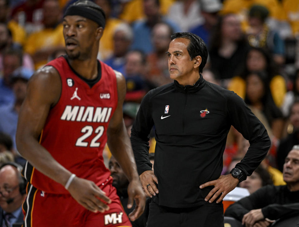 DENVER, CO - JUNE 1: Miami Heat head coach Erik Spoelstra and star Jimmy Butler (22) work against the Denver Nuggets during the first quarter of the NBA Finals game 1 at Ball Arena in Denver on Thursday, June 1, 2023. (Photo by AAron Ontiveroz/The Denver Post)
