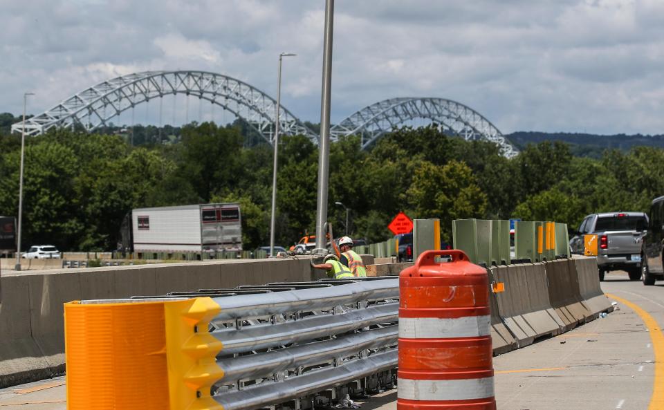 Traffic backs on up the ramp from I-264 to the I-64 west bound near the Sherman Minton Bridge early Monday afternoon. The bridge had been shut down for nearly a week before reopening early Aug. 7, 2023