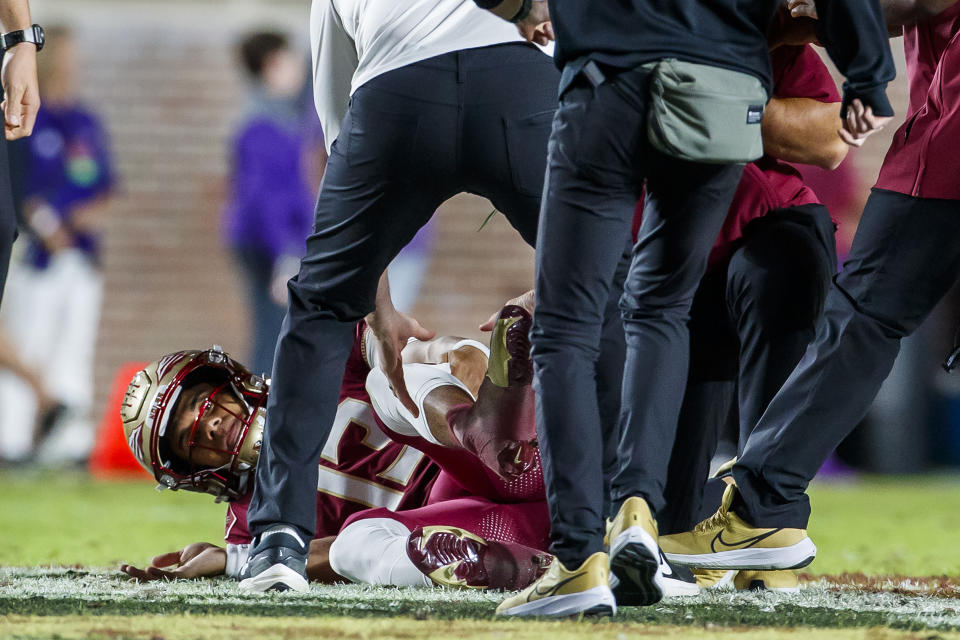 Florida State QB Jordan Travis carted off after injury to left leg