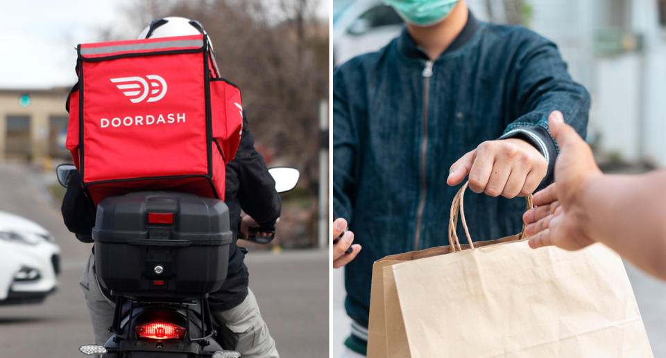 A photo of a DoorDash delivery driver on a bike. Another photo of a delivery driver handing a paper bag to a customer at the front of their house.