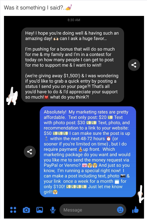 MLM'er asks if person can post for them and they're giving away $1,500, and person responds with a detailed list of their marketing rates for posts and they require payment up front