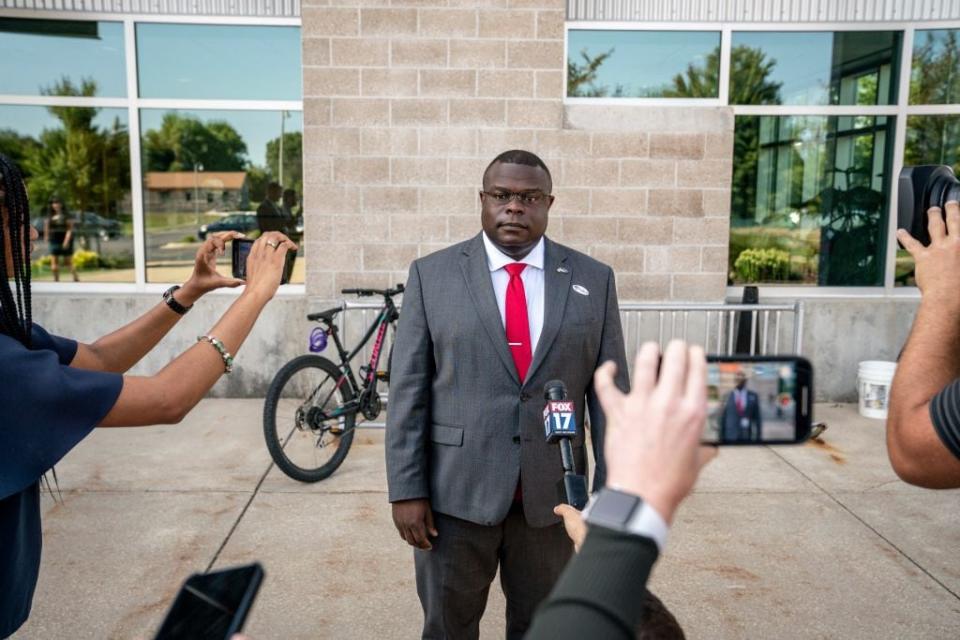 Republican candidate John Gibbs speaks to reporters after voting at the Byron Township Community Center in Byron Township, Michigan, on Tuesday, August 2, 2022. (Photo by Sarah Rice for The Washington Post via Getty Images)