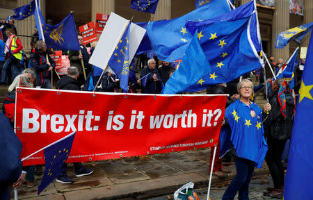 Anti-Brexit supporters demonstrate outside the conference centre at the annual Labour Party Conference in Liverpool, Britain, September 23, 2018. REUTERS/Phil Noble/Files