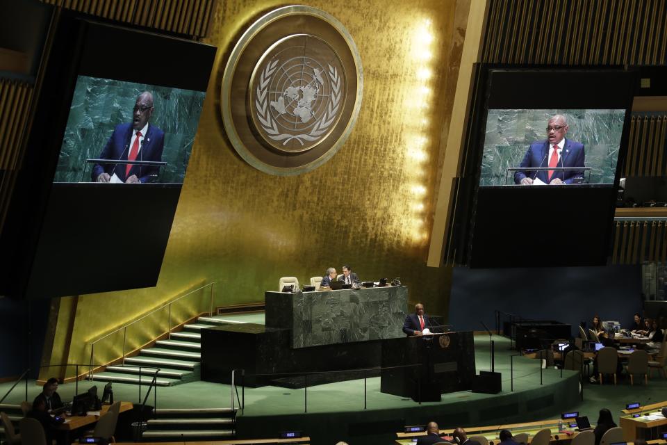 The Bahamas' Prime Minister Hubert Minnis addresses the 74th session of the United Nations General Assembly, Friday, Sept. 27, 2019, at the United Nations headquarters. (AP Photo/Frank Franklin II)