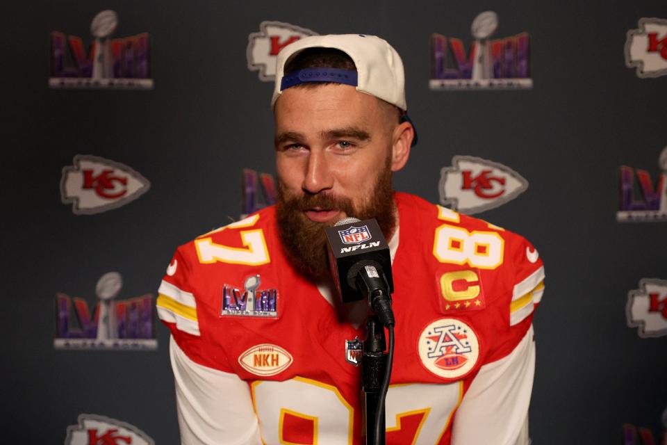 Travis Kelce of the Kansas City Chiefs answered questions from the media Feb. 7 at the Westin Lake Las Vegas Resort in Henderson, Nev.