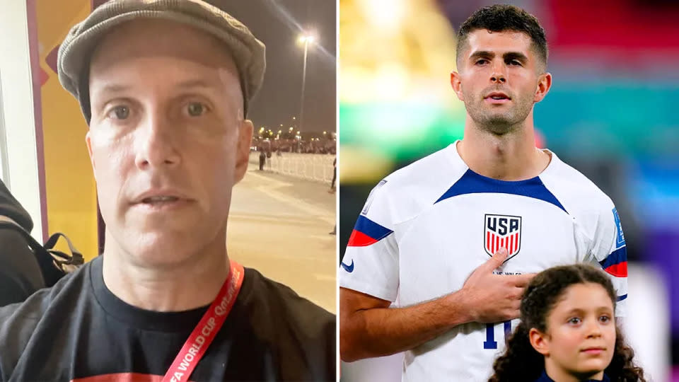 Late American journalist Grant Wahl (L) was detained and asked to remove a rainbow shirt before entering the stadium to watch the USA's 1-1 draw with Wales. Pic: Twitter/Getty
