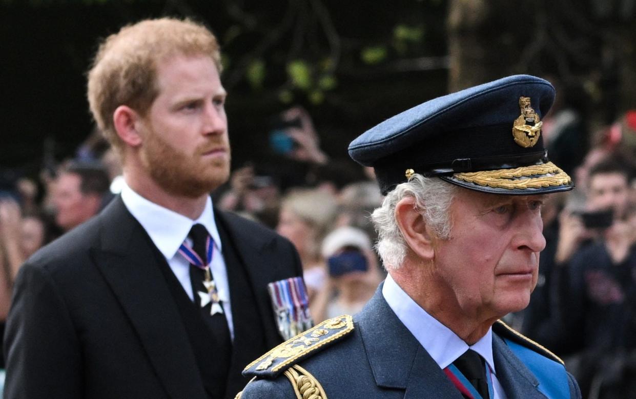 The King and the Duke of Sussex walk behind the coffin of the late Queen. There appears to be little chance of a reconciliation, though - LOIC VENANCE /AFP via Getty Images