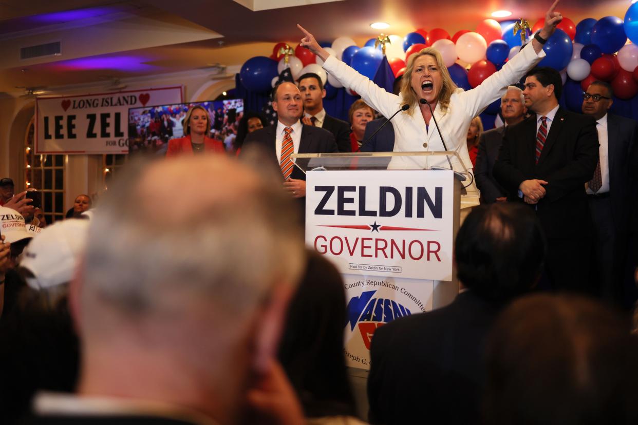 New York Lt. Gov candidate Alison Esposito speaks during NY GOP Candidate for Governor Rep. Lee Zeldin (R-NY) election night party at the Coral House on June 28, 2022 in Baldwin, New York. 