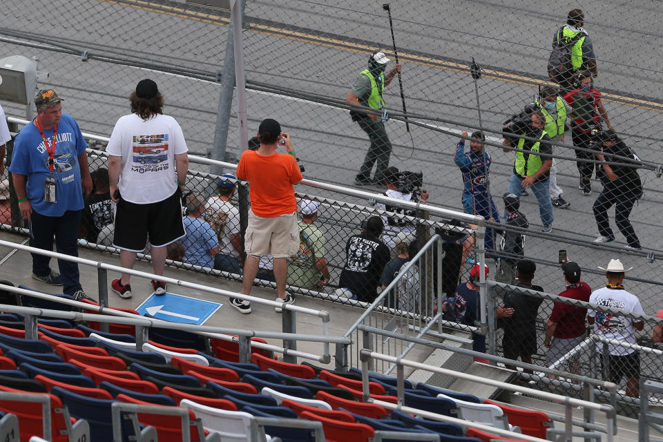 TALLADEGA, ALABAMA - JUNE 22:  Fans cheer for Bubba Wallace, driver of the #43 Victory Junction Chevrolet, after the NASCAR Cup Series GEICO 500 at Talladega Superspeedway on June 22, 2020 in Talladega, Alabama. (Photo by Brian Lawdermilk/Getty Images)