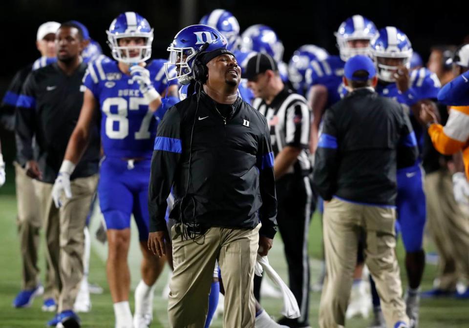 Duke wide receiver coach Trooper Taylor reacts after the two-point conversation was negated because of an “inadvertent signal” iduring the second half of Pittsburgh’s 33-30 victory over Duke at Wallace Wade Stadium in Durham, N.C., Saturday, Oct. 5, 2019.