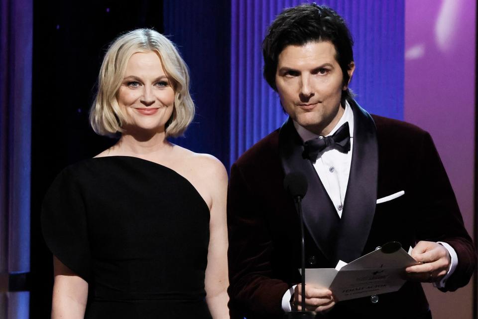 Amy Poehler and Adam Scott speak onstage during the 29th Annual Screen Actors Guild Awards at Fairmont Century Plaza on February 26, 2023 in Los Angeles, California.