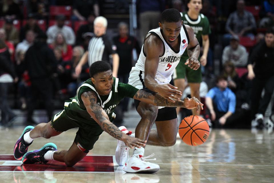 Feb 21, 2023; San Diego, California, USA; Colorado State Rams guard Taviontae Jackson (2) and San Diego State Aztecs guard Lamont Butler (5) battle for a loose ball during the second half at Viejas Arena. Mandatory Credit: Orlando Ramirez-USA TODAY Sports