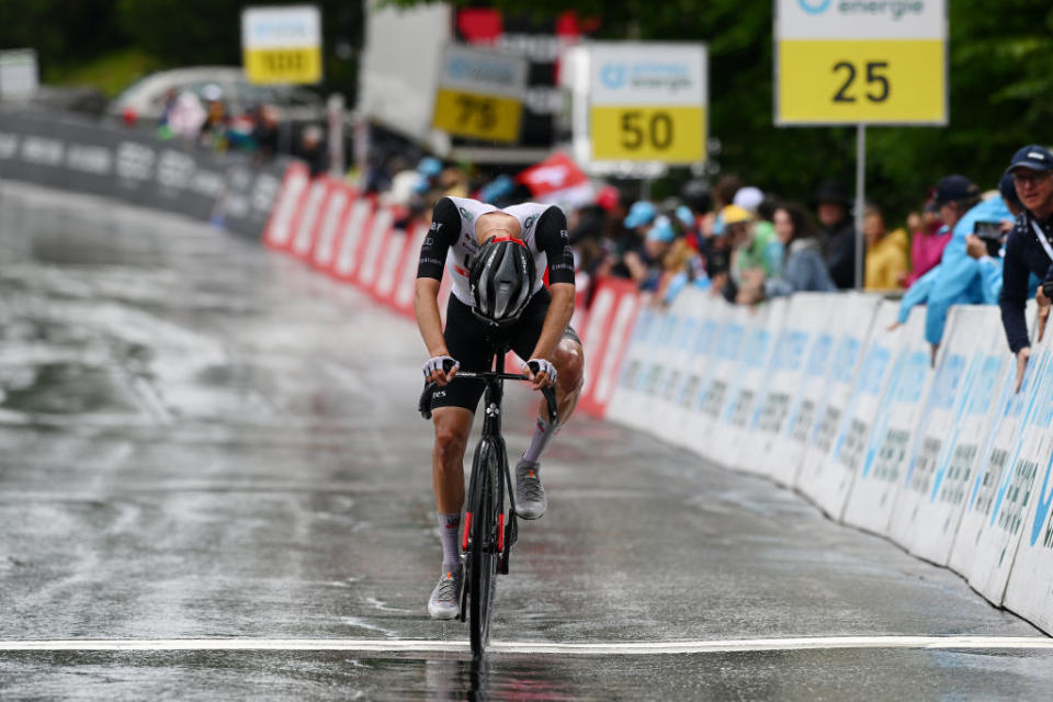 VILLARSSUROLLON SWITZERLAND  JUNE 13 Juan Ayuso of Spain and UAE Team Emirates crosses the finish line as third place during the 86th Tour de Suisse 2023 Stage 3 a 1438km stage from Tafers to VillarssurOllon 1256m  UCIWT  on June 13 2023 in VillarssurOllon Switzerland Photo by Dario BelingheriGetty Images