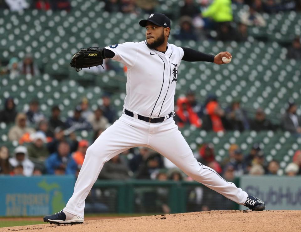 Detroit Tigers starting pitcher Eduardo Rodriguez pitches against the New York Yankees during the first inning Wednesday, April 20, 2022 at Comerica Park.