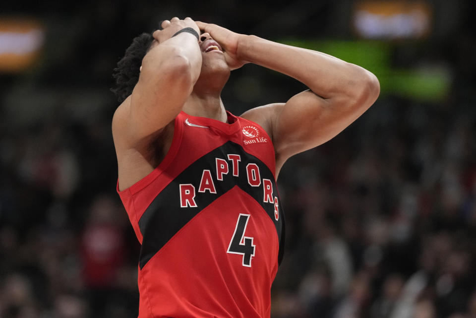 Toronto Raptors forward Scottie Barnes reacts after picking up a technical foul during the second half of an NBA basketball game against the Philadelphia 76ers on Thursday, April 7, 2022, in Toronto. (Frank Gunn/The Canadian Press via AP)
