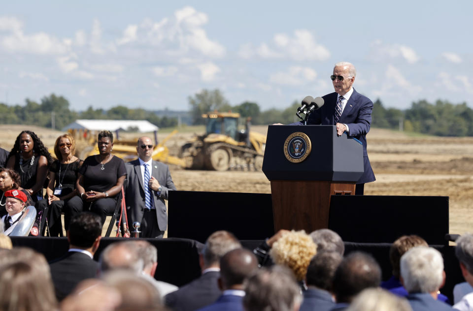 President Joe Biden speaks during the groundbreaking ceremony for the new Intel semiconductor manufacturing facility in New Albany, Ohio, Friday, Sept. 9, 2022. (AP Photo/Paul Vernon)