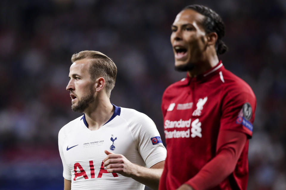 MADRID, SPAIN - JUNE 1: (L-R) Harry Kane of Tottenham Hotspur, Virgil van Dijk of Liverpool FC during the UEFA Champions League  match between Tottenham Hotspur v Liverpool at the Wanda Metropolitano on June 1, 2019 in Madrid Spain (Photo by David S. Bustamante/Soccrates/Getty Images)