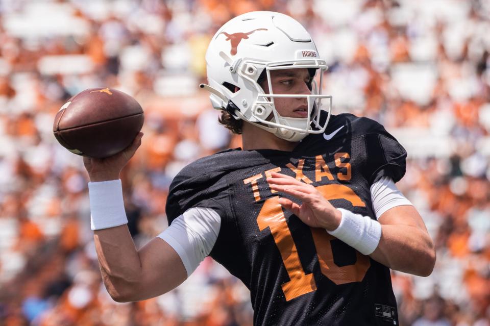 Texas quarterback Arch Manning (16) warms up ahead of the Longhorn's Orange and White spring football game in Darrell K Royal-Texas Memorial Stadium, Saturday, April 15, 2023.