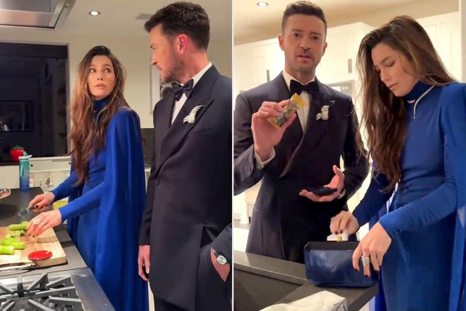 <p>Justin Timberlake/TikTok</p> Jessica Biel and Justin Timberlake packing snacks before the Oscars afterparty