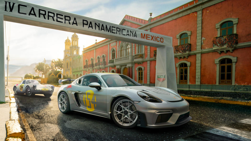 An example of the new “TAG Heuer x Porsche—Legends of Panamericana" Sonderwunsch project with an original 1950s-era Porsche 550 Coupe racer in the background.