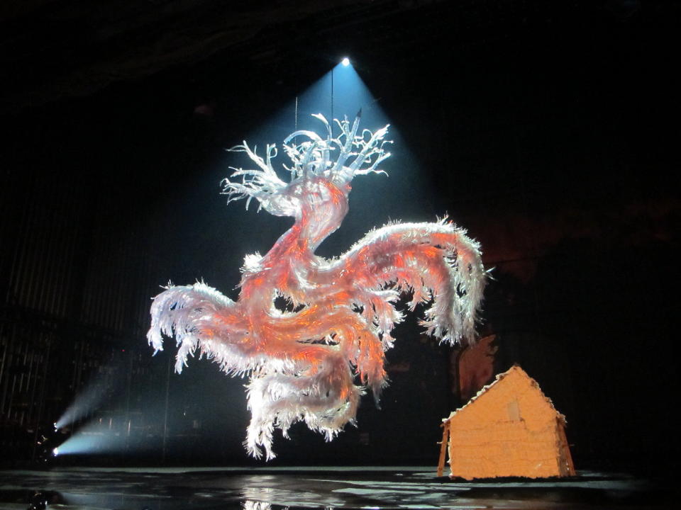 In this Wednesday, May 15, 2013 photo, a stylized upside down tree with roots at the top and made of two miles of plastic tubing is hoisted before a rehearsal of the Spoleto Festival USA opera "Matsukaze" at the Dock Street Theatre in Charleston, S.C. The 37th season of the internationally known arts festival opens on Friday, May, 24, 2013. (AP Photo/Bruce Smith)