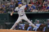 Toronto Blue Jays relief pitcher David Phelps throws during the first inning of a baseball game against the Texas Rangers in Arlington, Texas, Sunday, Sept. 11, 2022. (AP Photo/LM Otero)