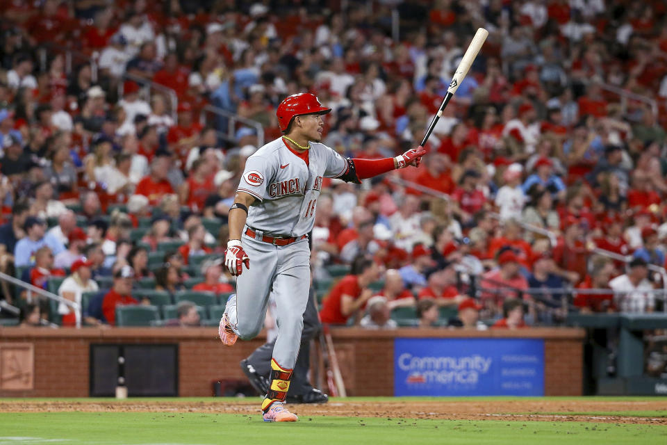 Cincinnati Reds' Noelvi Marte runs with his bat as he watches his solo home run against the St. Louis Cardinals during the seventh inning of a baseball game Saturday, Sept. 30, 2023, in St. Louis. (AP Photo/Scott Kane)