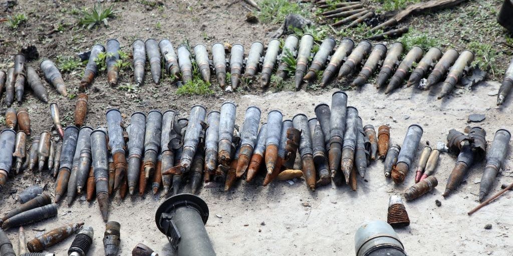 Ammunition is arranged on the premises of Antonov Airport, an international cargo airport that became the site of an intense battle during the 2022 Russian invasion of Ukraine, near Hostomel, Kyiv Region, northern Ukraine.