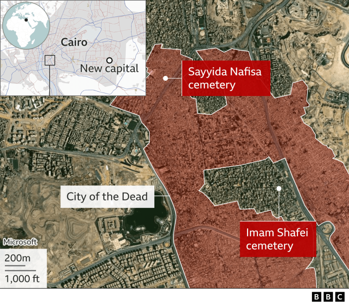 Map showing part of the City of the Dead in Cairo and the locations of the Sayyida Nafisa and Imam Shafei cemeteries, and where they are in relation to the new capital