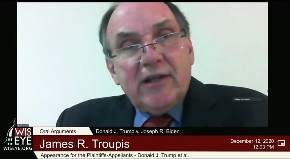 Jim Troupis, a former Dane County Circuit Court judge hired by Trump's campaign to oversee recounts, is shown during argumens before the Wisconsin Supreme Court on Dec. 12, 2020.