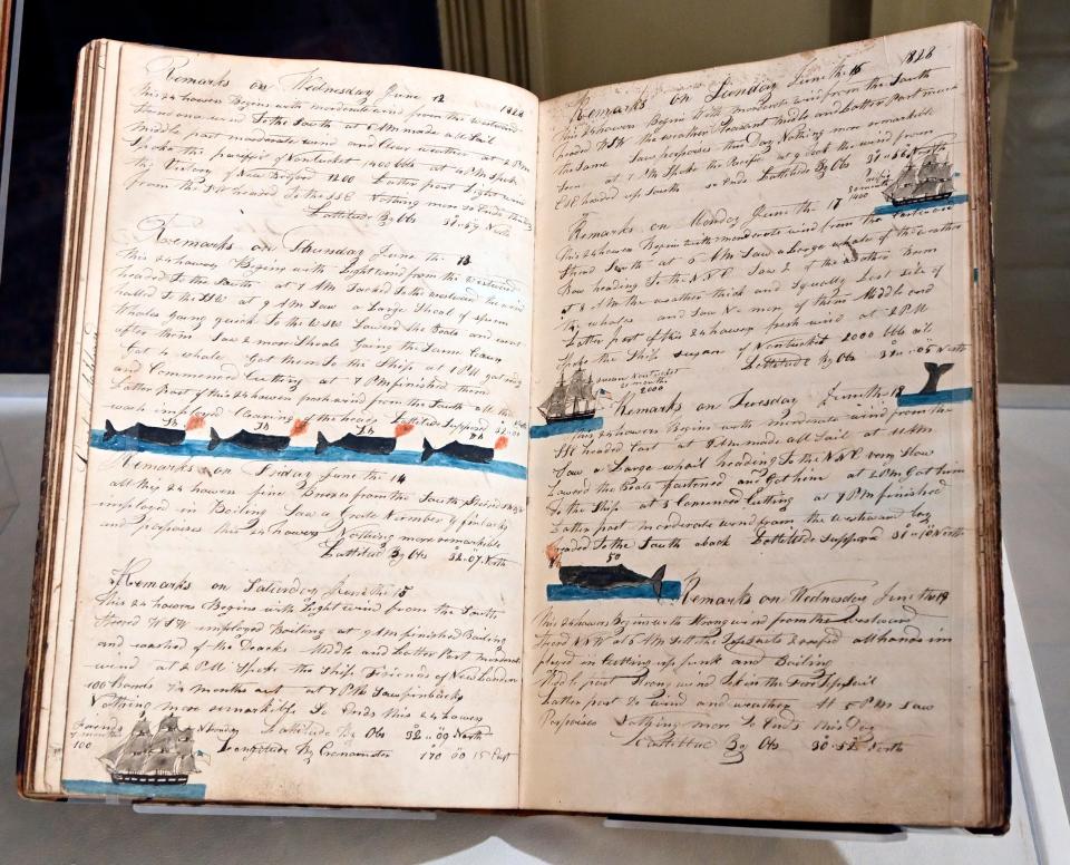 A ship's log with illustrations is among the artifacts showing in a large exhibit on scrimshaw at the Cahoon Museum of American Art.